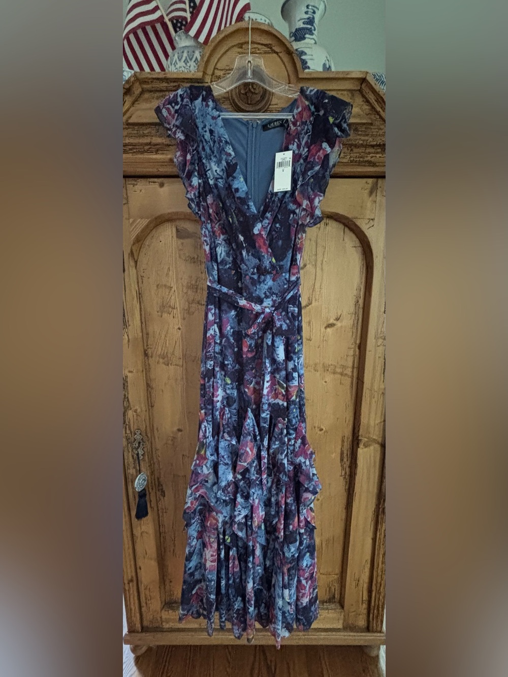 Lauren Ralph Lauren Abstract Floral Ruffle Detail Georgette Gown Size 6 NWT